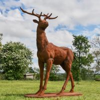 “Elkin Highlands Herd” Cast Iron Stag Sculpture in Garden Setting 