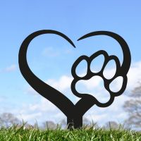 Paw Print on Heart Grave Marker Ground Spike in Black Finish