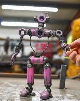 Pink Upcycled Metal Robot Sculpture 