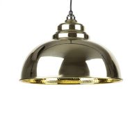 Polished Brass Curved Hanging Pendant Light with Hammered Brass Interior Close Up