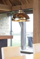 Polished Brass Curved Hanging Pendant Light with Hammered Brass Interior in Situ