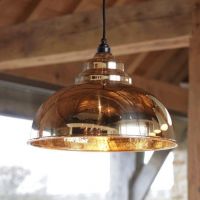 Polished Brass Curved Hanging Pendant Light with Hammered Brass Interior
