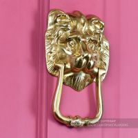 Polished Brass Mayfair Lion Door Knocker On Pink Door
