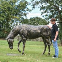 Scale Shot of Recycled Cast Aluminium Brushed Gold "Grazing" Horse Sculpture 