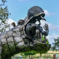 Recycled Metal Fighting Hippo Sculpture Eating Another Animal