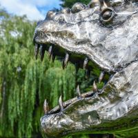 Close-up of the Face of the Recycled Metal T-Rex Sculpture