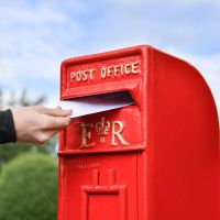 Letter Opening in Use on Red & Gold "Newland" Elizabeth Regina Post Box with Stand