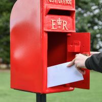 Front Opening in Use on Red & Gold "Newland" Elizabeth Regina Post Box with Stand