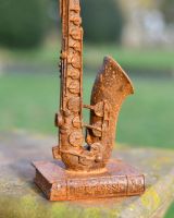 Rustic Cast Iron "Poetic Saxophone" Freestanding Garden Sculpture in Situ