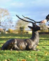 Scale Shot of Antique Bronze "General" Sitting Stag Garden Sculpture