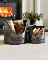 Set of Two "LOGS" and "KINDLING" buckets - Antique Brushed Silver