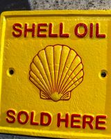 Close up of Shell Oil Vintage Style Cast Iron Sign finish