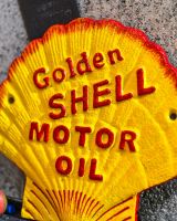 Close up of Shell Vintage Style Cast Iron Sign finish