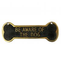 Bone Shaped dog sign "Be Aware of the Dog" Polished Brass with Black Infill
