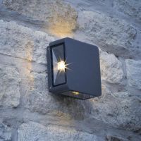 Square Anthracite Beam Wall Light in Situ on a Stone Wall