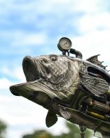 Close up of Recycled Metal Steampunk Fish head