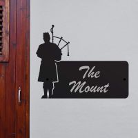 Steel House Name Sign with Scottish Bagpipe Player Design