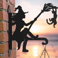 Steel Hanging Basket Bracket with Witch with Cat Motif