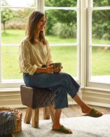 The "Yale" Mango Wood & Tan Leather Stool In Situ