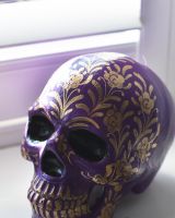 top view of floral purple skull ornament