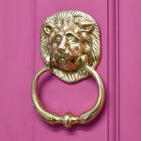 Traditional Polished Brass Lion Door Knocker in Situ on a Pink Door