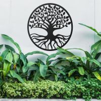 Black Round "Tree of Life" Wall Art in the Garden