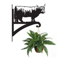 Highland Cow Hanging Basket Bracket holding a Flower Basket