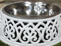 Antique White Dog Bowl Holder & Dish 