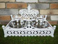 Antique White Double Dog Bowl Holder & Dish 