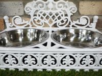 Antique White Double Dog Bowl Holder & Dish 