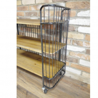 Side view of metal framework and wooden shelving