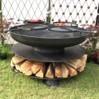 Ring Barbecue Firepit with Log Storage and Four Swing Arm Barbecue Racks 