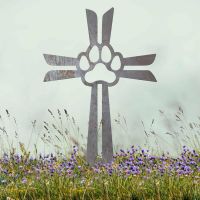 Contemporary Paw Print on Cross Grave Marker Ground Spike in Natural Steel Finish