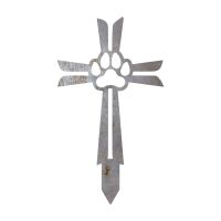 Close-Up of Contemporary Paw Print on Cross Grave Marker Ground Spike in Natural Steel Finish