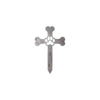 Close-Up of Paw Print on Dog Bone Cross Grave Marker Ground Spike in Natural Steel Finish