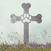 Paw Print on Dog Bone Cross Grave Marker Ground Spike in Natural Steel Finish