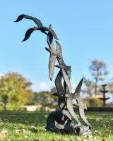 Full View of Verdigris Seagull Flock Sculpture