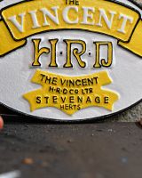 Close up of "Vincent Motorcycles" Cast Iron Automobilia Reproduction Sign finish