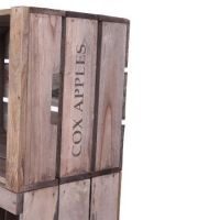 Close-up of the Text on the Vintage Apple Crate Storage Cabinet