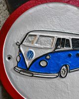 Close up of "VW Campervan" Cast Iron Automobilia Reproduction Sign Finish
