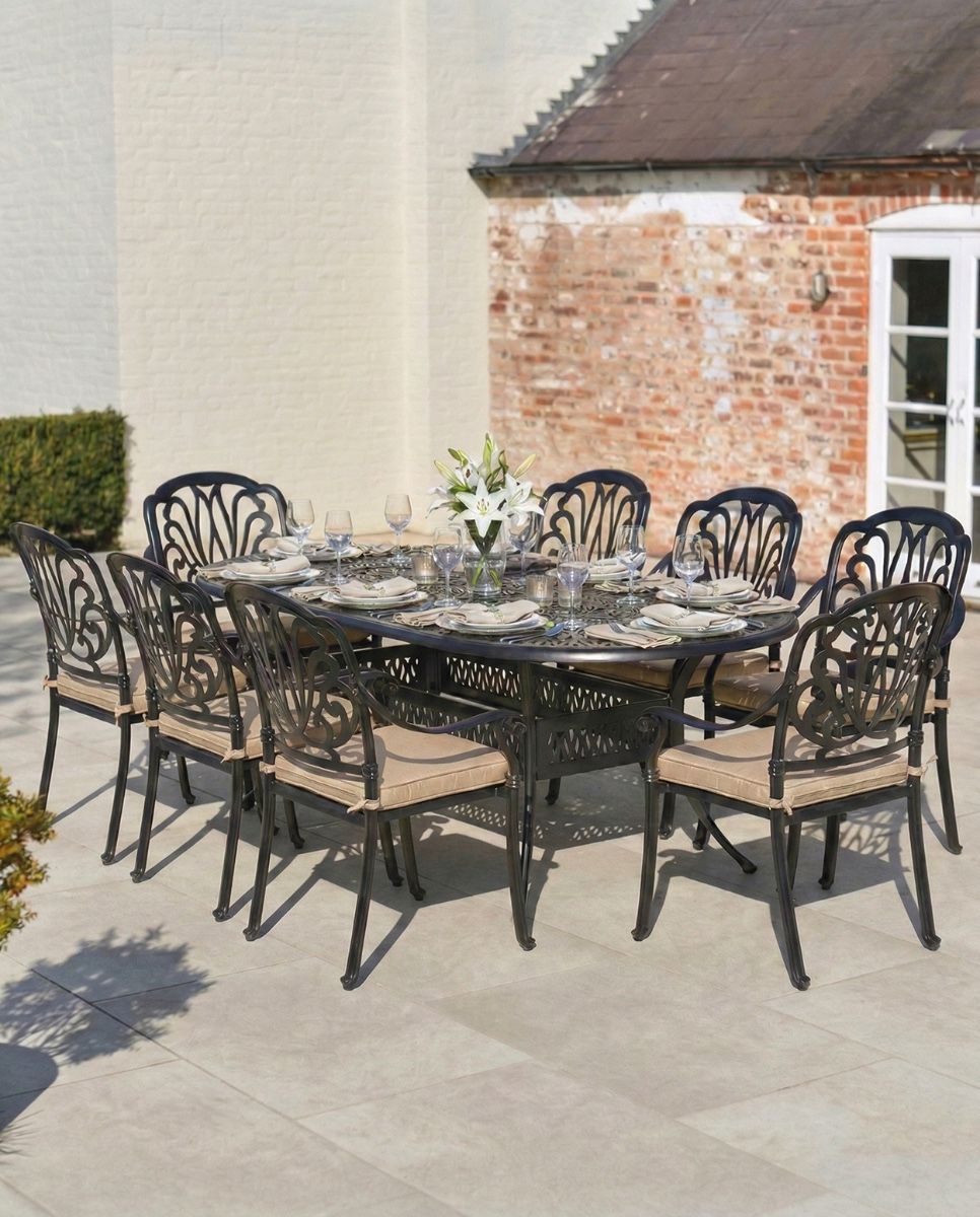 AI Illustration of the Aged Black "Moreville" Eight Seater Furniture Set in Situ Outside on a Patio Dressed for Dining with cushions