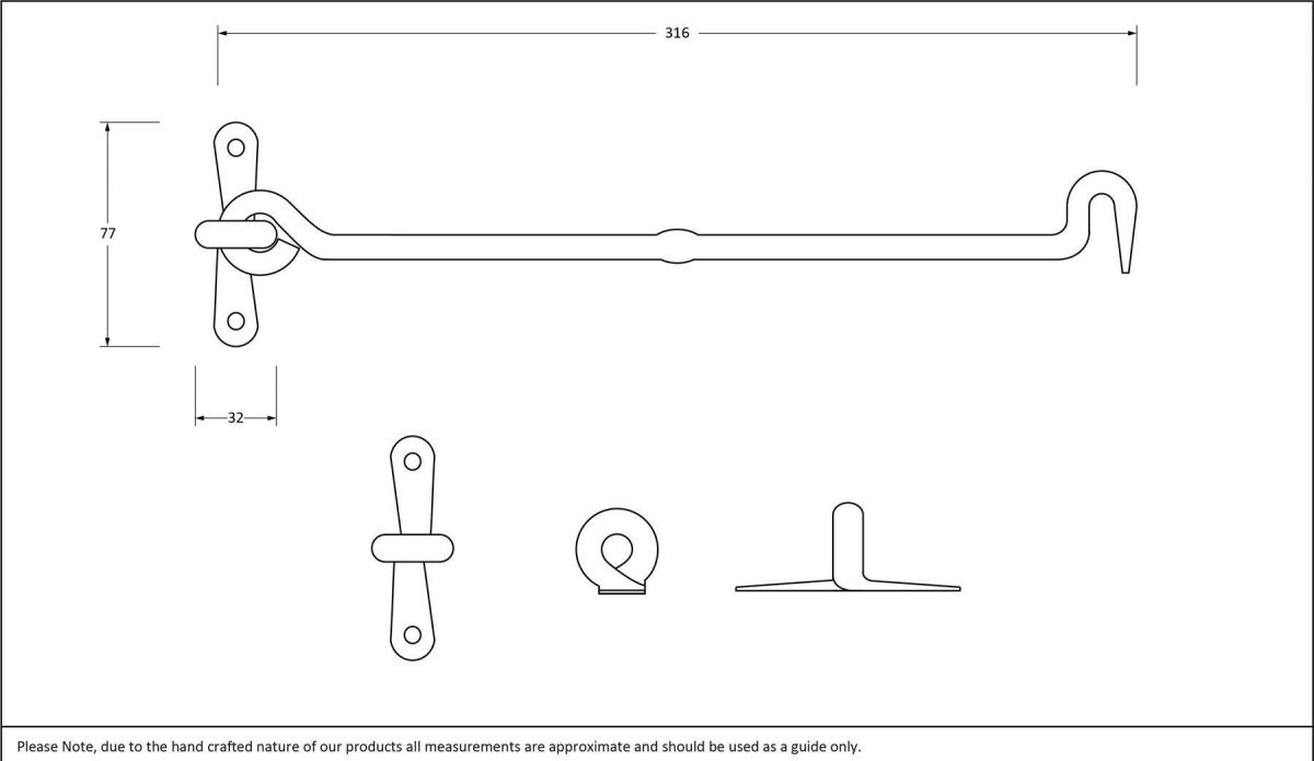 12" External Beeswax Forged Cabin Hook & Stay Dimensions