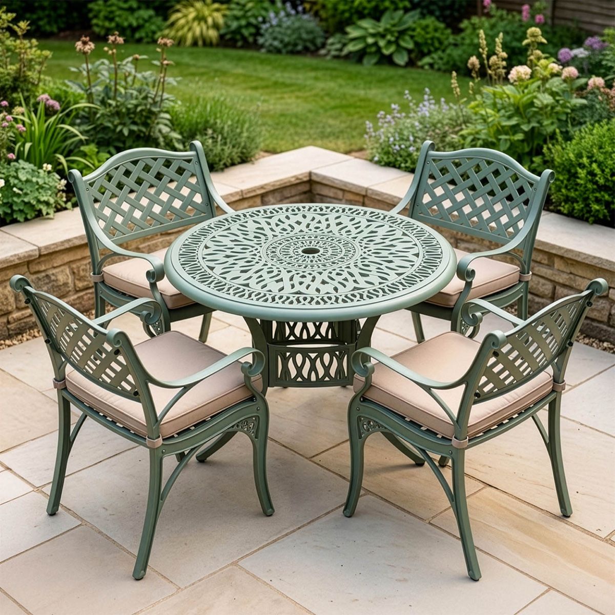 The “Gardenia” Deluxe 4-Seater Outdoor Dining Set - Sage Green Digital Illustration