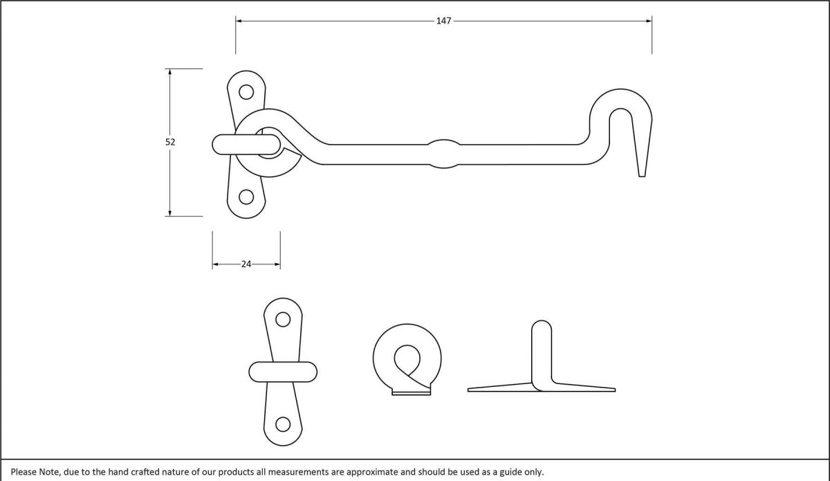 6" External Beeswax Forged Cabin Hook & Stay Dimensions