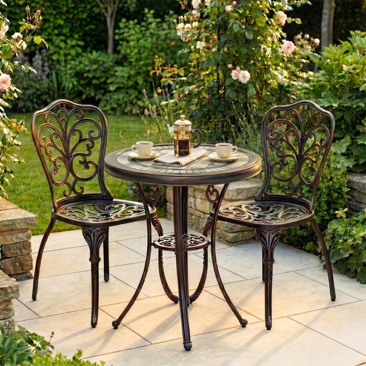 The "Charlotte" 2-Seater Outdoor Mosaic Bistro Set - Antique Bronze Digital Illustration Dressed table