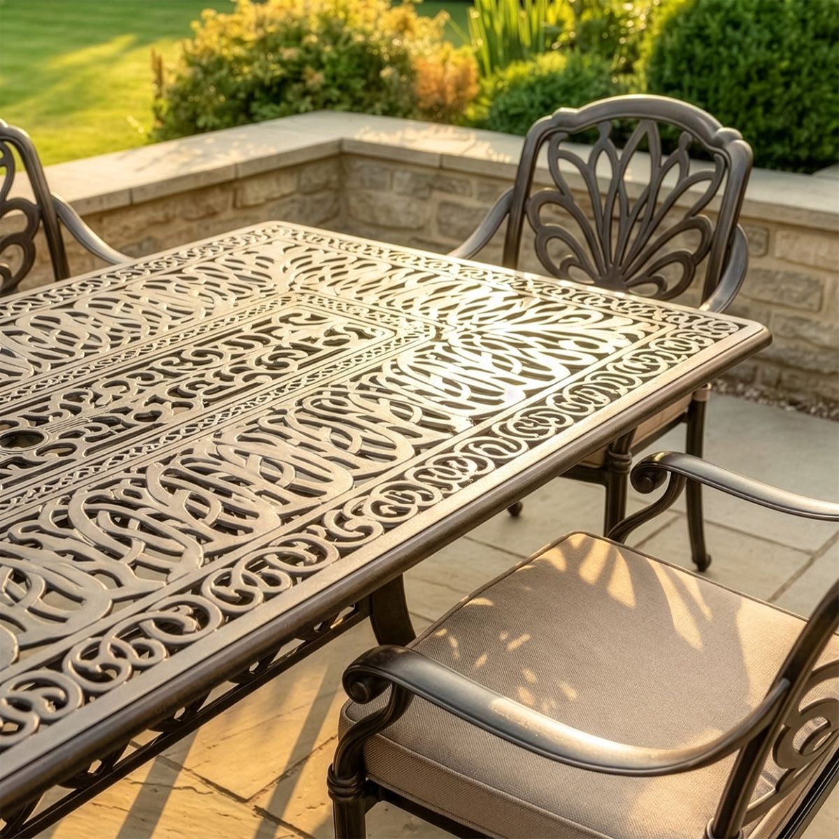 The "Goliath" 8-Seater Outdoor Dining Set - Antique Bronze digital illiustration close up of table new copy