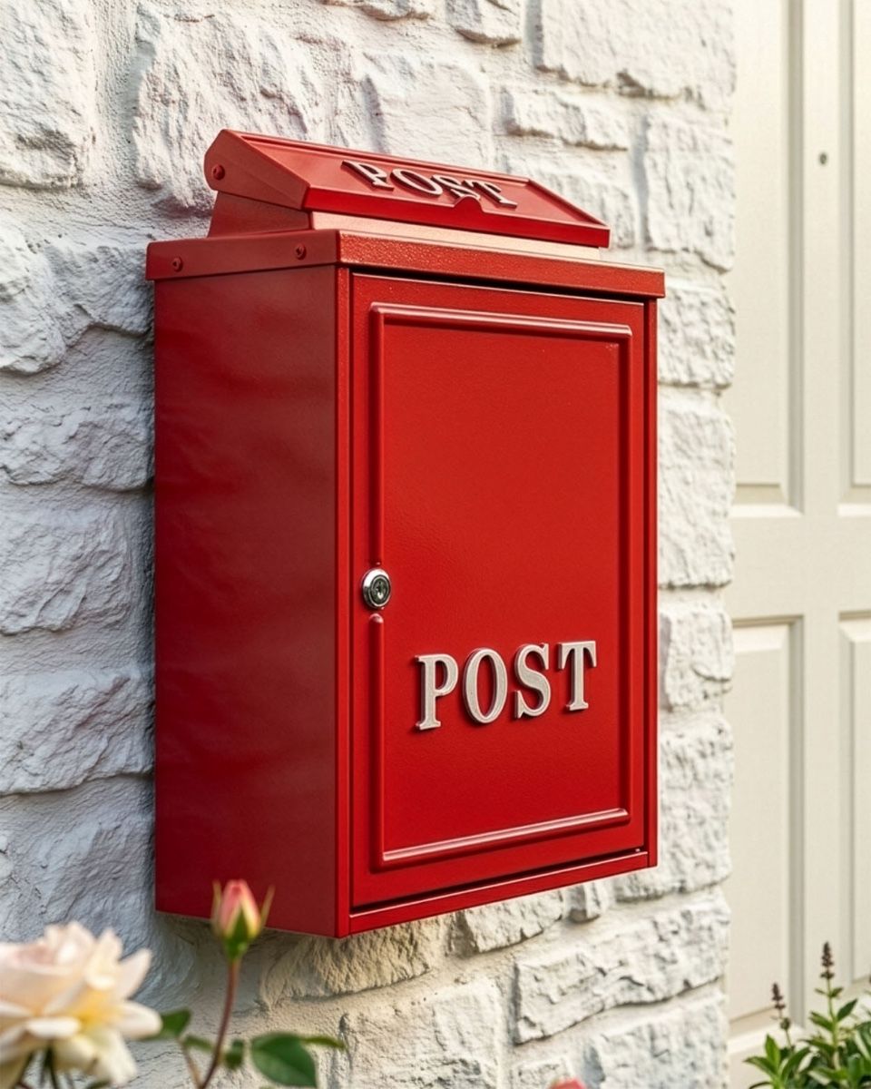 The Red "Oxford" Wall Mounted Post Box with Gold Detailing Shown Mounted on a Brick Wall - Digital Illustration 