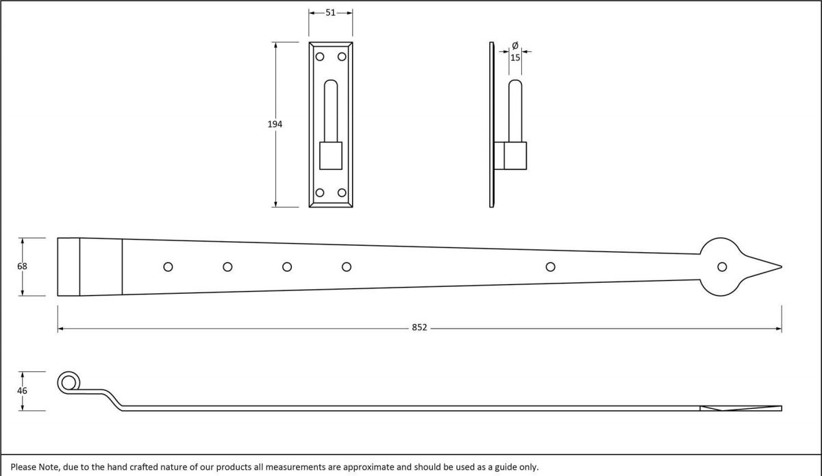 35" External Beeswax Hook & Band Tee Hinge Dimensions