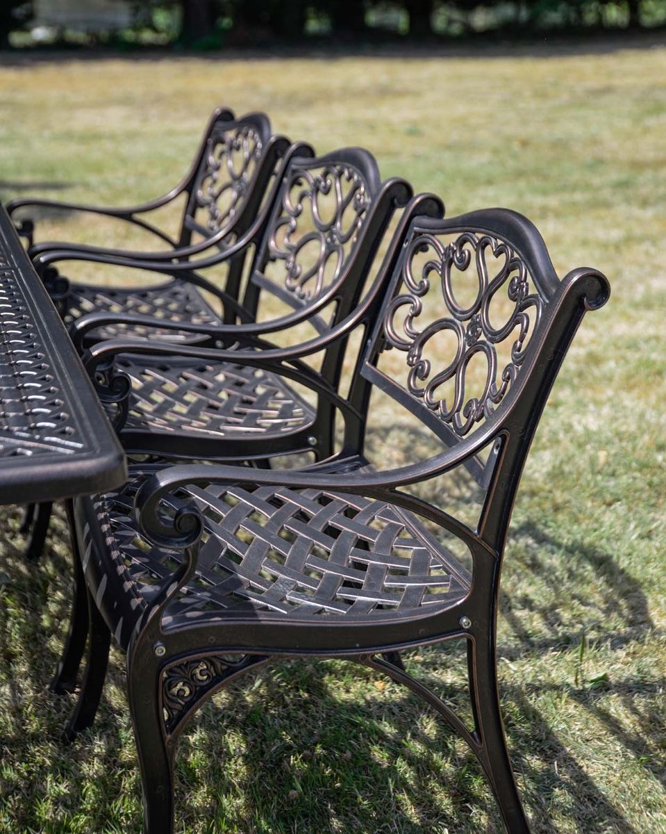 The "Verona " 8-Seater Luxury Garden Dining Set - Antique Copper Dressed Table Chair Arm Close Up