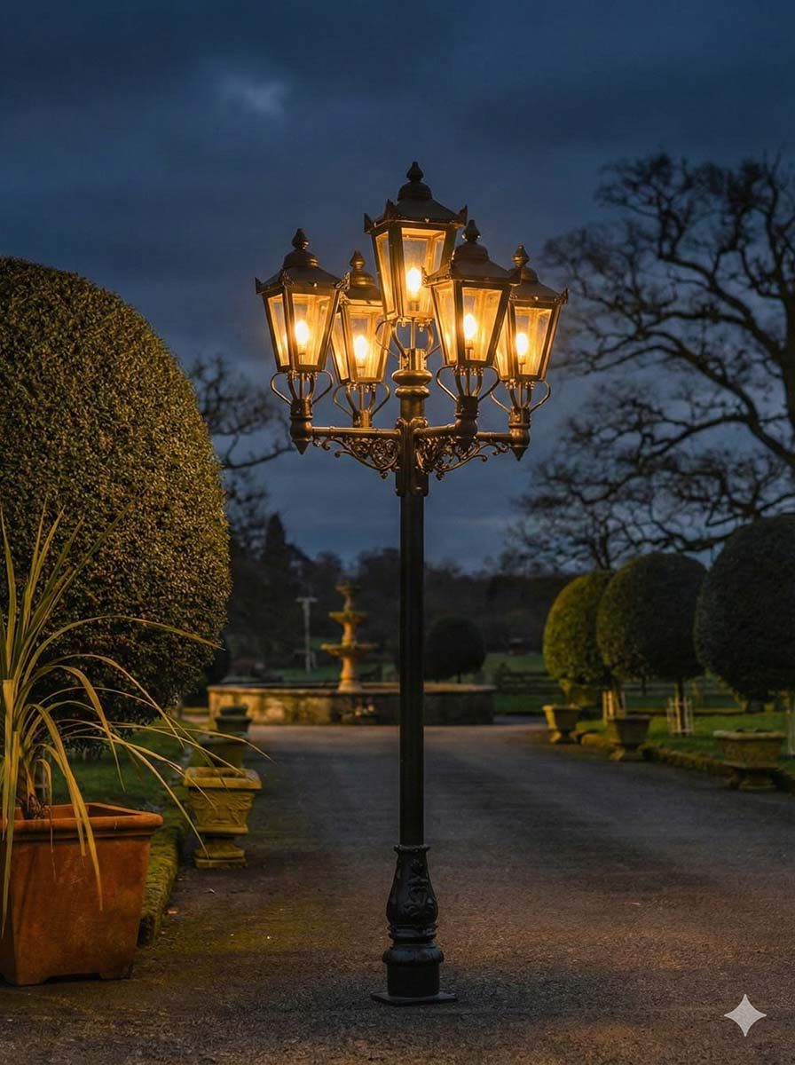 Quintuple Victorian Lamp Post Set Illuminated at Night 